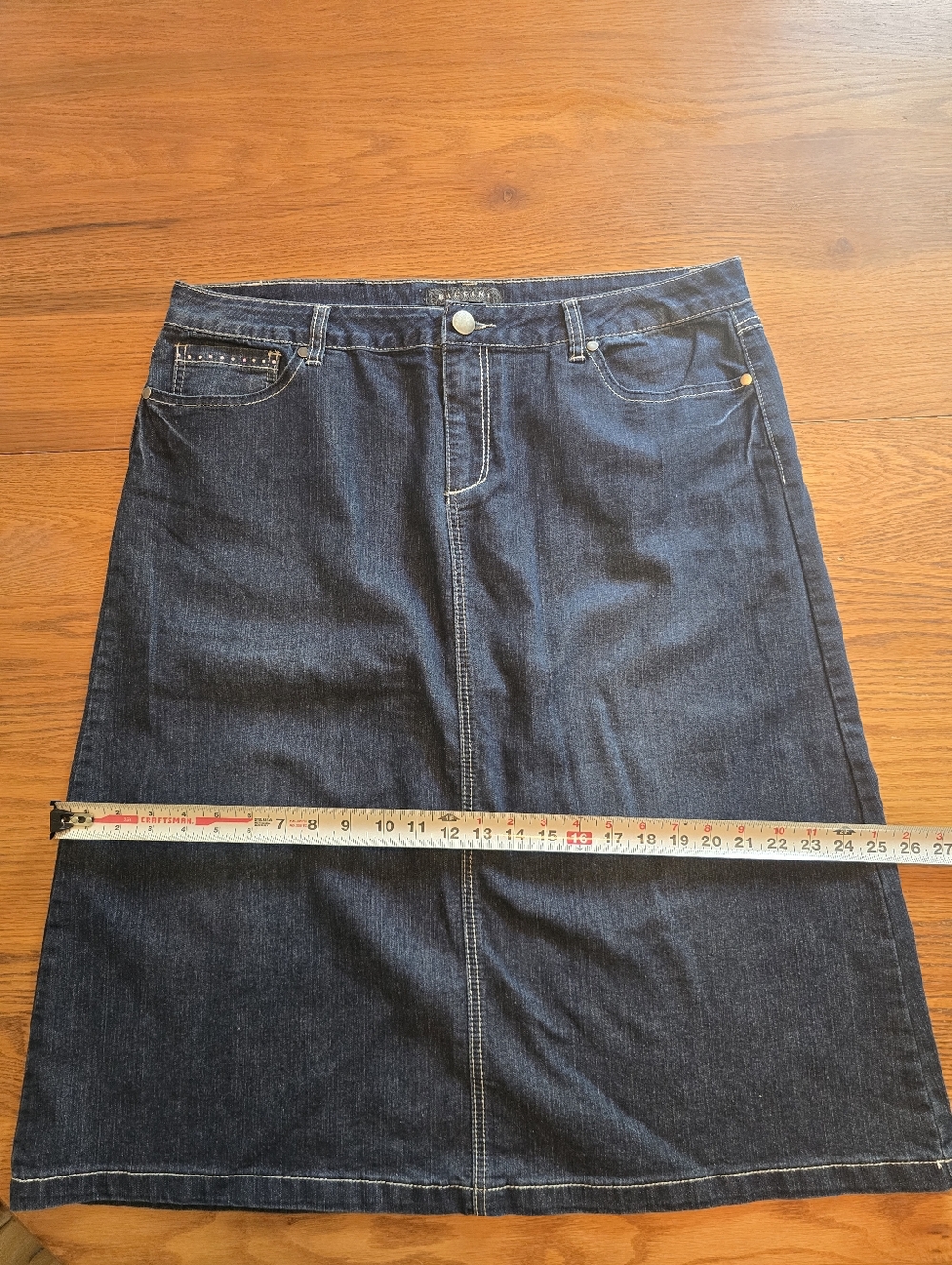 Baccini 16 Blue Jean Denim Skirt Midi Dark Wash Jewels Bling Pockets No Slits - Picture 8 of 8